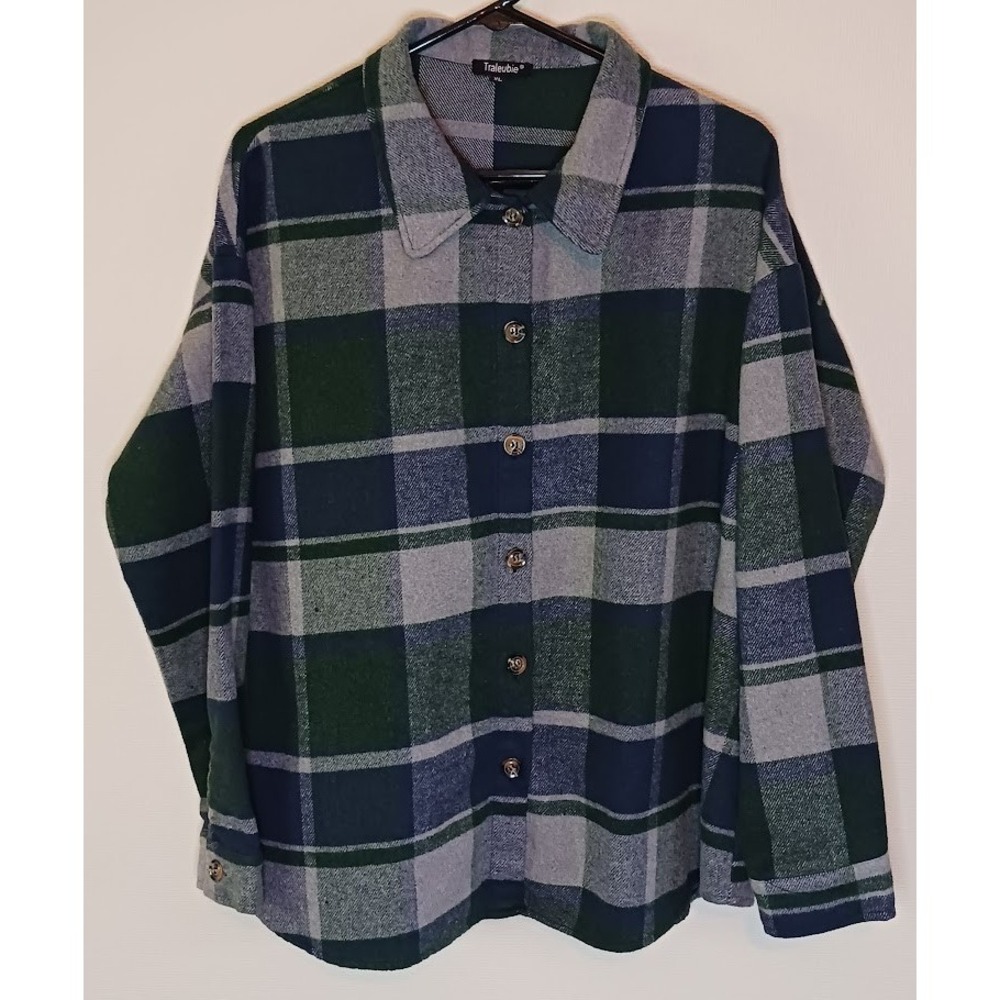 Traleubie Womens Btn Down XL Green Plaid Long Sleeve Relaxed 257-100